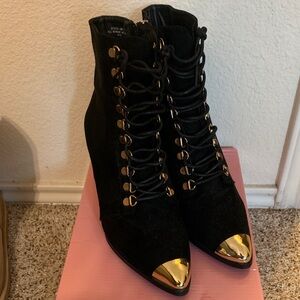 BAMBOO Black Lace-Up Ankle Boots with Gold Toe Caps